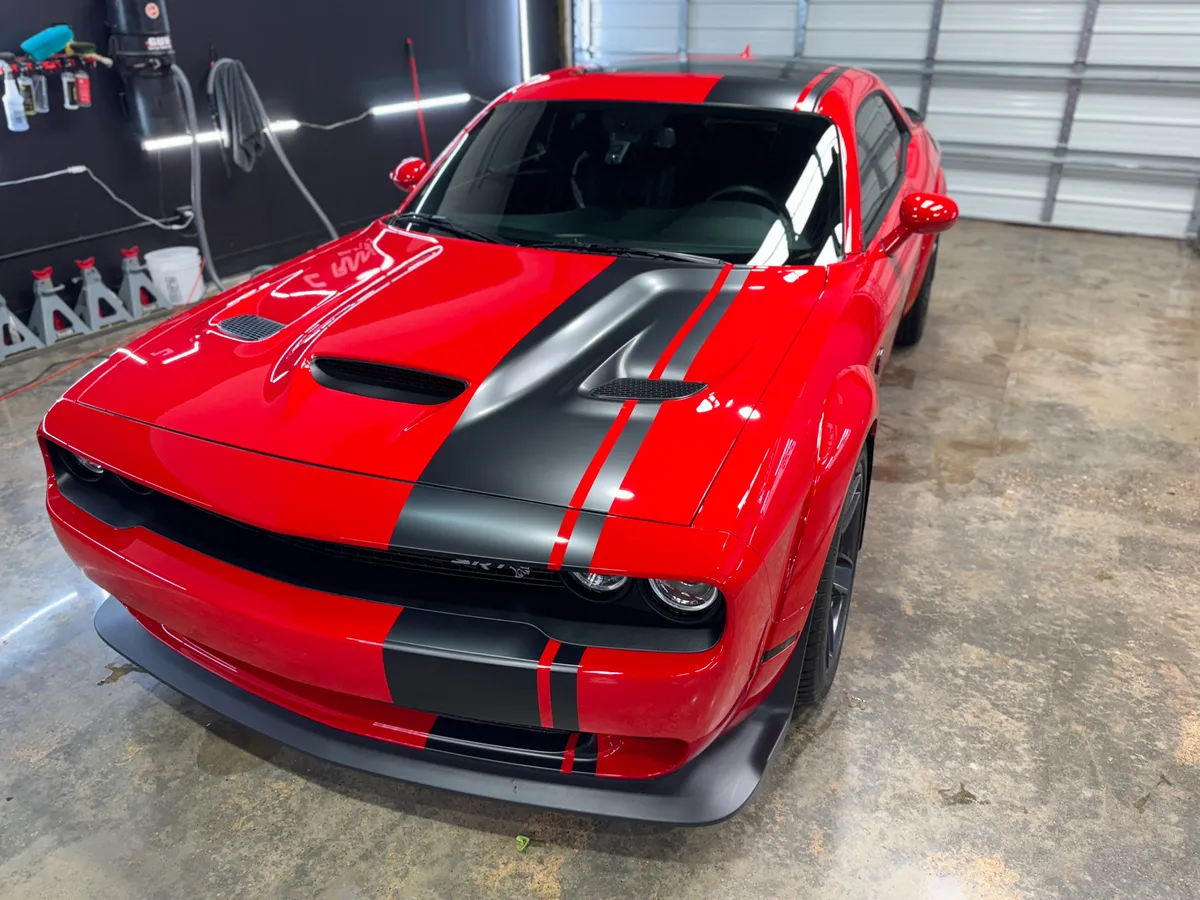 Red Dodge Challenger in the Protektd studio, Dallas