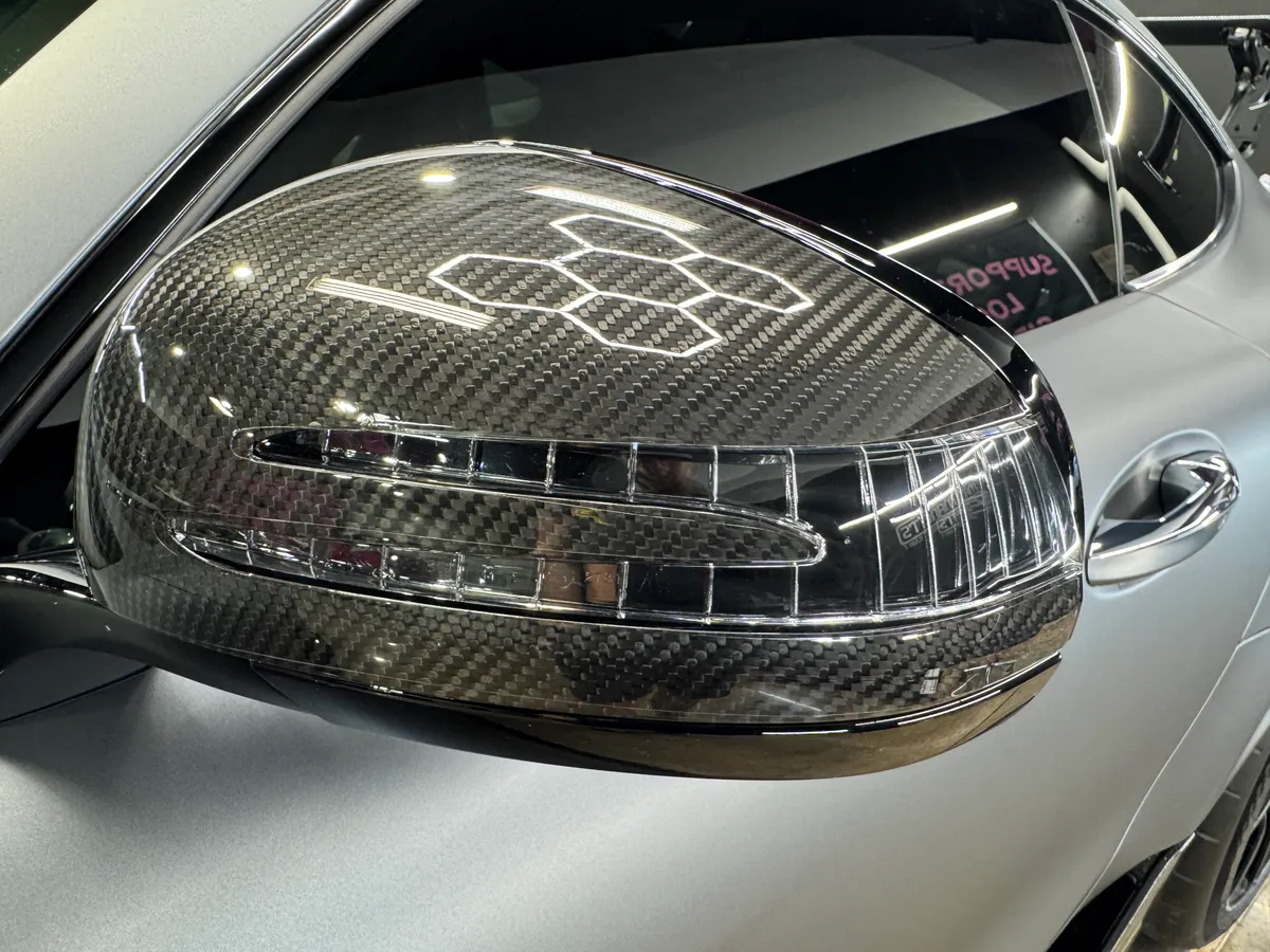 Carbon-fibre hood of a Mercedes-AMG GT Black Series under paint protection film — Protektd Detailing, Dallas