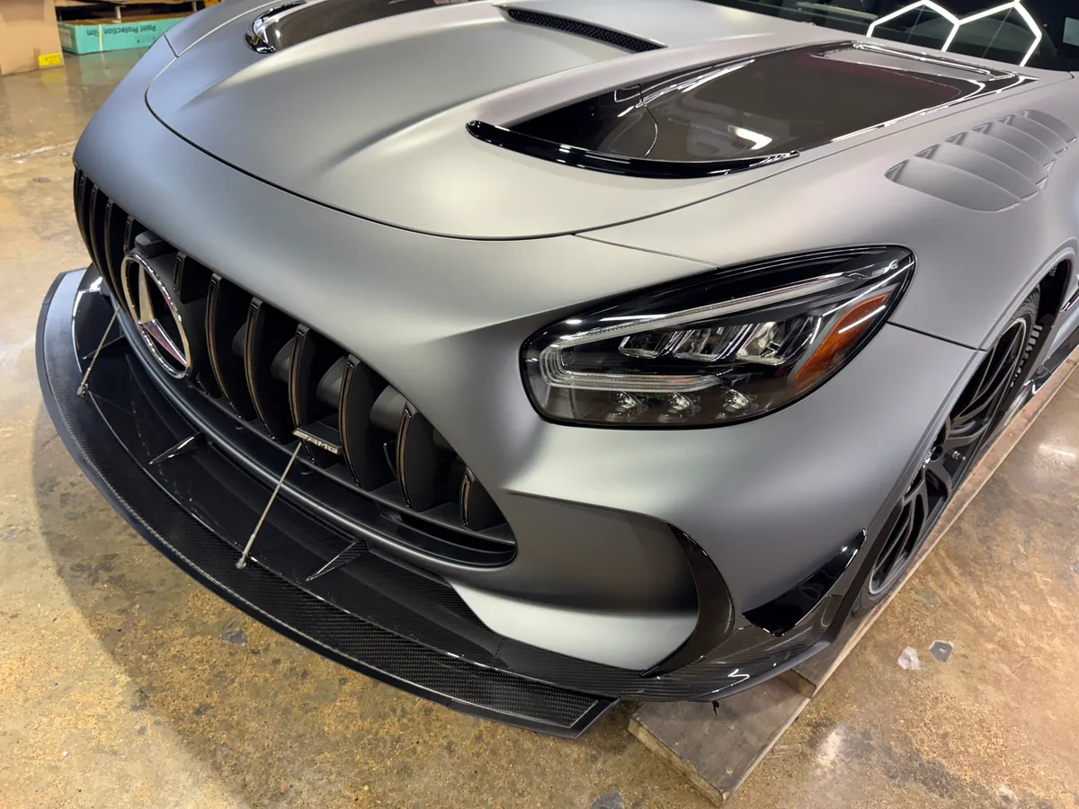 Grey Mercedes-AMG GT Black Series front end under paint protection film — Protektd Detailing, Dallas